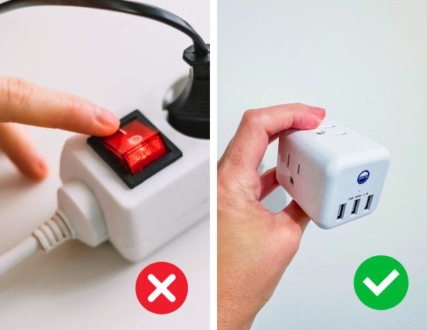 side by side photos, one of finger pressing the red button on a surge protector with a red circle on that side, and the other of a hand holding a outlet extender without a surger protect with a green checkmark