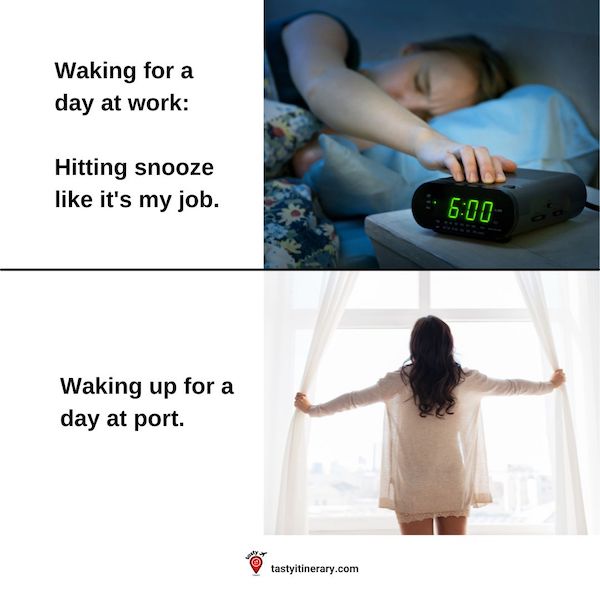graphic meme, man snoozing alarm in one photo and woman waking up bright and early in another phone with text: Waking for a day at work: Hitting snooze like it's my job. Waking up for a day at port.