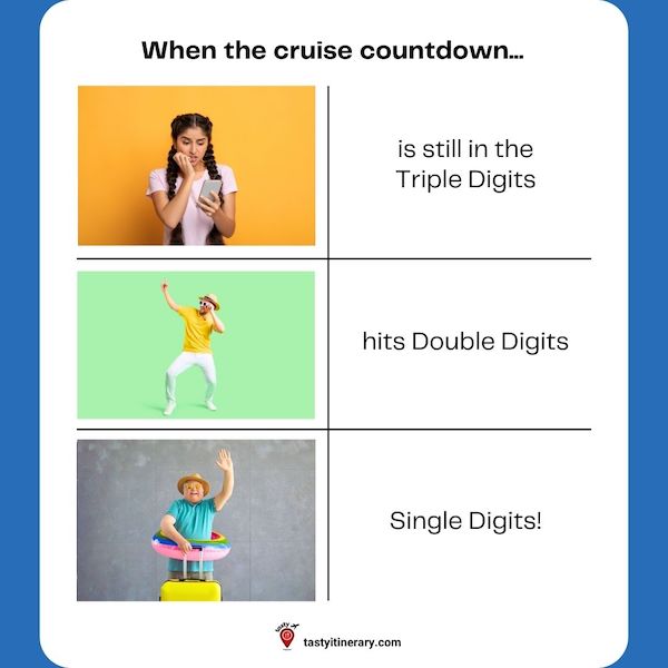 graphic meme of three images, a girl looking impatiently at her phone, a person dancin and another of a man ready for vacation with the text: When the cruise countdown is still in the triple digits... then hits the double digits and finally the single digits!