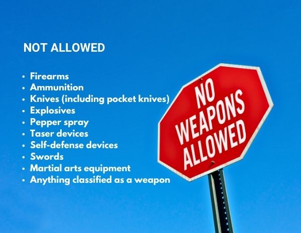 no weapons allowed sign with a list of all the weapons not allowed