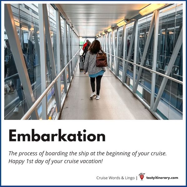 graphic card of crusie embarkation definition with an image of kathy walking up the gangway