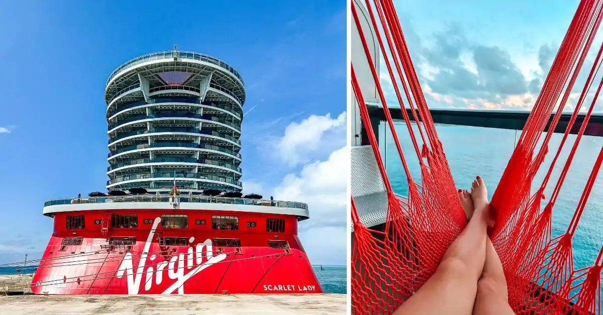 featured blog image without text of scarlet lady's aft and kathy's legs resting in the balcony hammock on this review of virgin voyages lady ship