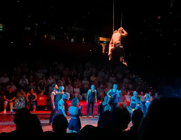 acrobats sitting on a swing high up with other performers at the bottom stage and an audience surrounding the stage