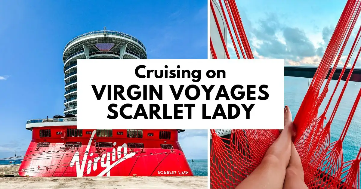 featured image with text of the scarlet lady aft and kathy's legs resting in the balcony hammock on this virgin scarlet lady review