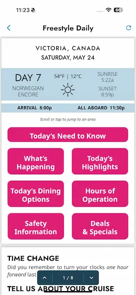 Screenshot of the Norwegian Cruise Line app showing the digital Freestyle Daily for Norwegian Encore in Victoria, Canada. Options include Today’s Need to Know, What’s Happening, Today’s Highlights, Dining Options, Hours of Operation, Safety Information, and Deals & Specials.