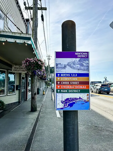 Directional sign in the Newtown District of Ketchikan, Alaska, showing walking directions to Berths 1–3, Downtown, Creek Street, and nearby districts.