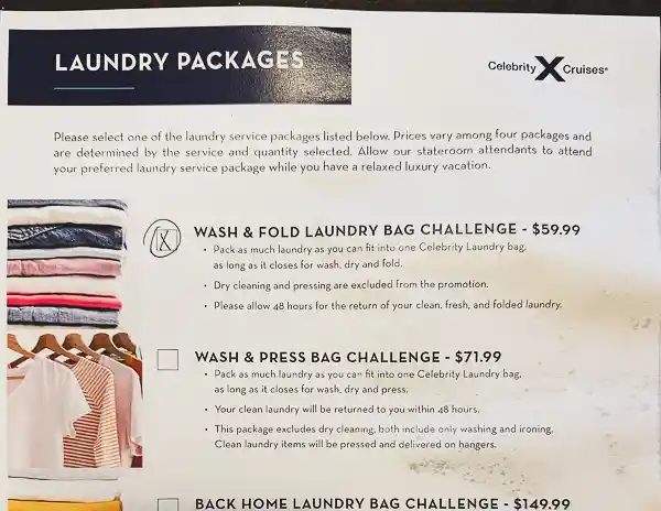 Celebrity Cruises laundry package pricing sheet showing options like Wash & Fold, Wash & Press, and Back Home Laundry with prices and descriptions.