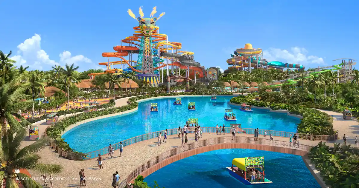 Rendering of Royal Caribbean’s upcoming Perfect Day at CocoCay Mexico, featuring a large lazy river, colorful water slides, and lush tropical landscaping.