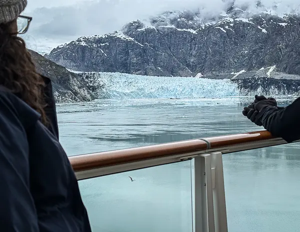 View of Margerie Glacier in Glacier Bay, Alaska, seen from the railing of a cruise ship.