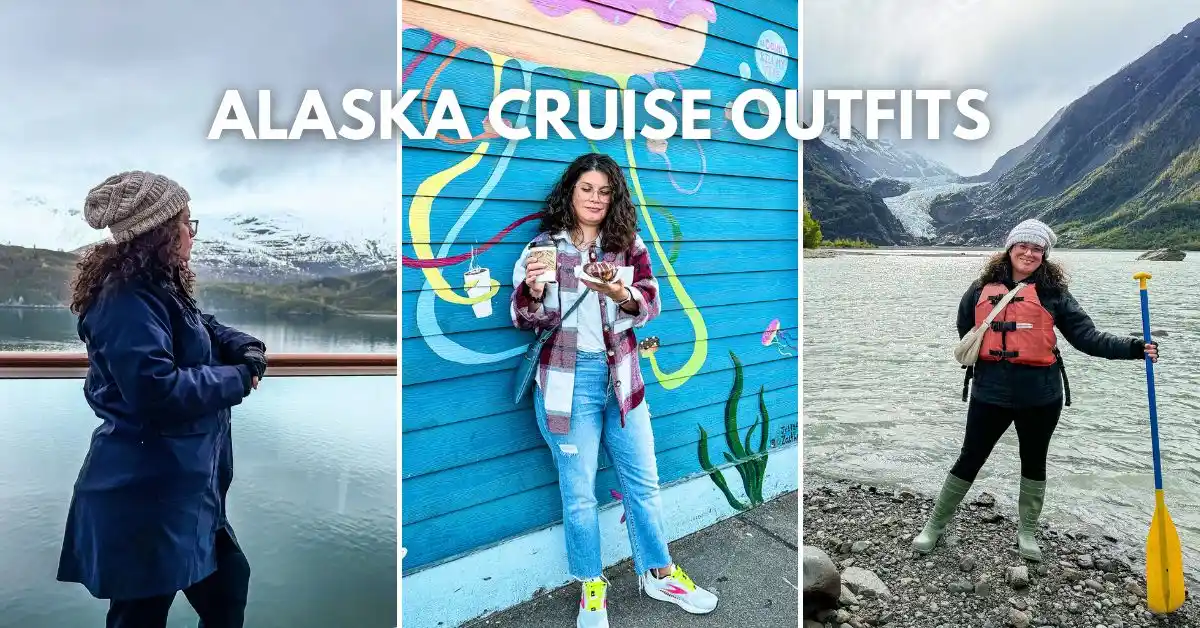 featured blog image: Three Alaska cruise outfits shown side by side: woman layered in a rain jacket and beanie in Glacier Bay, wearing a plaid shacket and jeans in port, and dressed for an outdoor excursion in waterproof boots and a life vest with a glacier in the background.