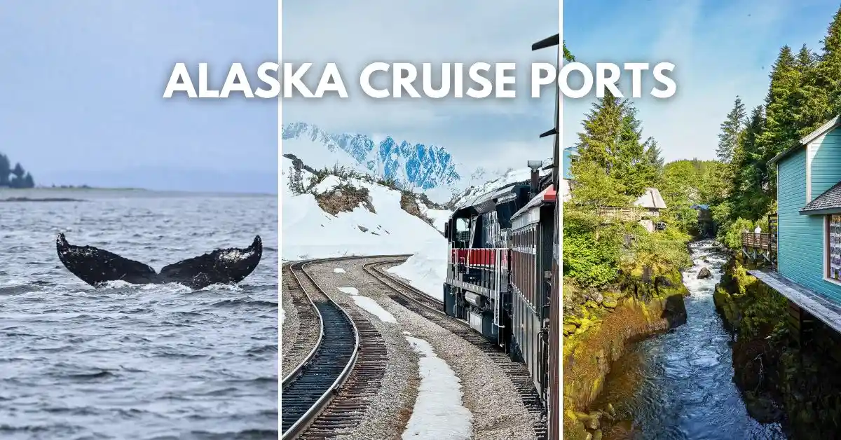 featured blog image: Collage showing three iconic Alaska cruise ports: whale tail surfacing in Juneau, the White Pass train in snowy Skagway, and colorful buildings along the creek in Ketchikan.
