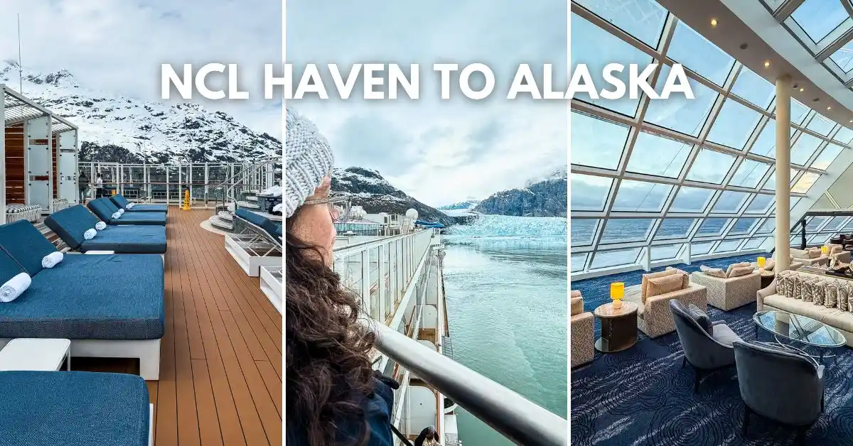 Collage of images from The Haven on Norwegian Encore to Alaska, featuring the sundeck with snowy mountain views, Glacier Bay scenery, and The Haven Observation Lounge