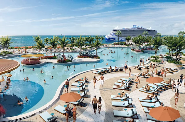 Rendering of the Great Life Lagoon at NCL’s Great Stirrup Cay, featuring a large pool with swim-up bars, lounge chairs, and palm trees, with a Norwegian cruise ship docked in the background.