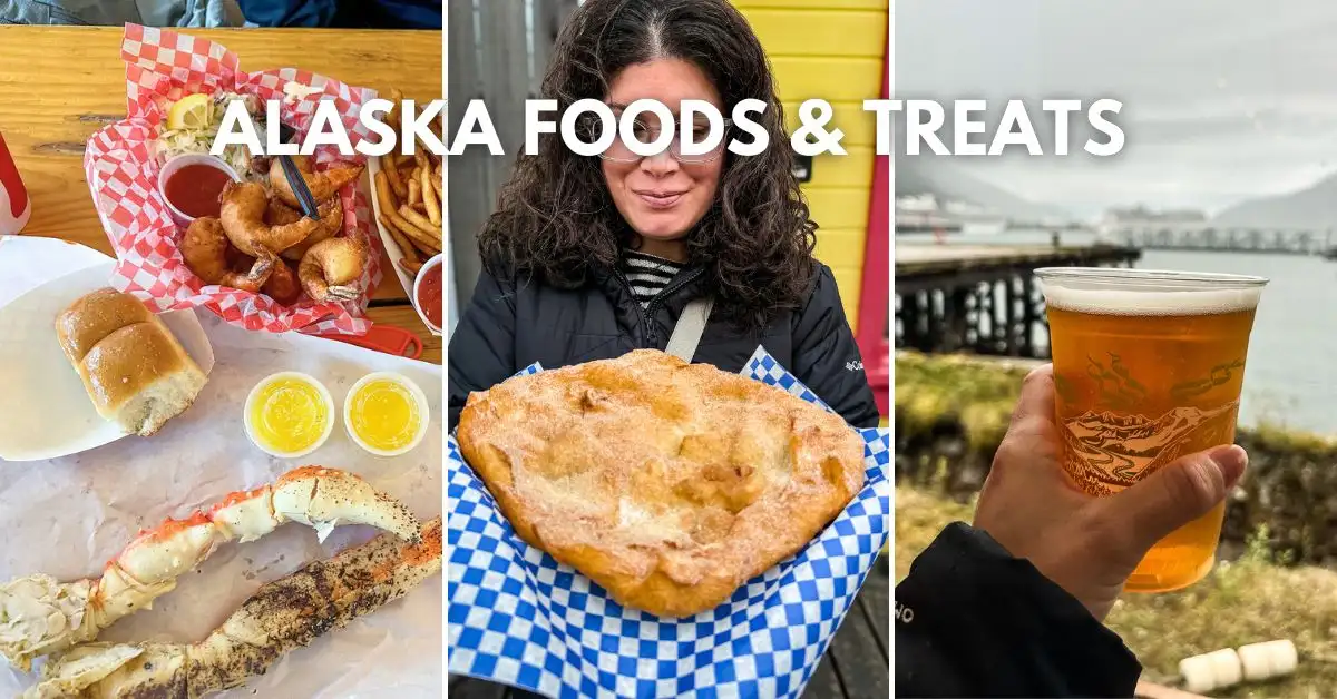 featured blog image: Collage featuring Alaska seafood, fry bread, and a local beer with the text overlay 