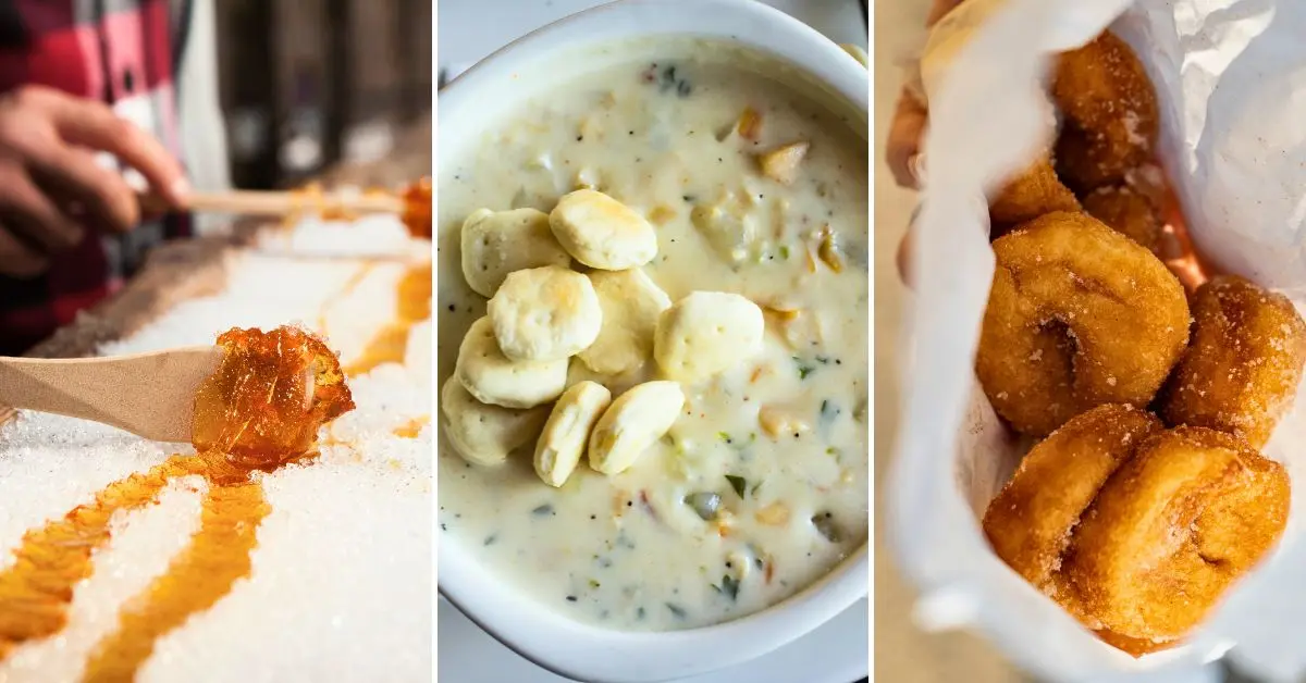 Featured collage for Fall Foods to Travel and Cruise For, showing maple taffy on snow, a bowl of clam chowder with oyster crackers, and a bag of warm cider donuts