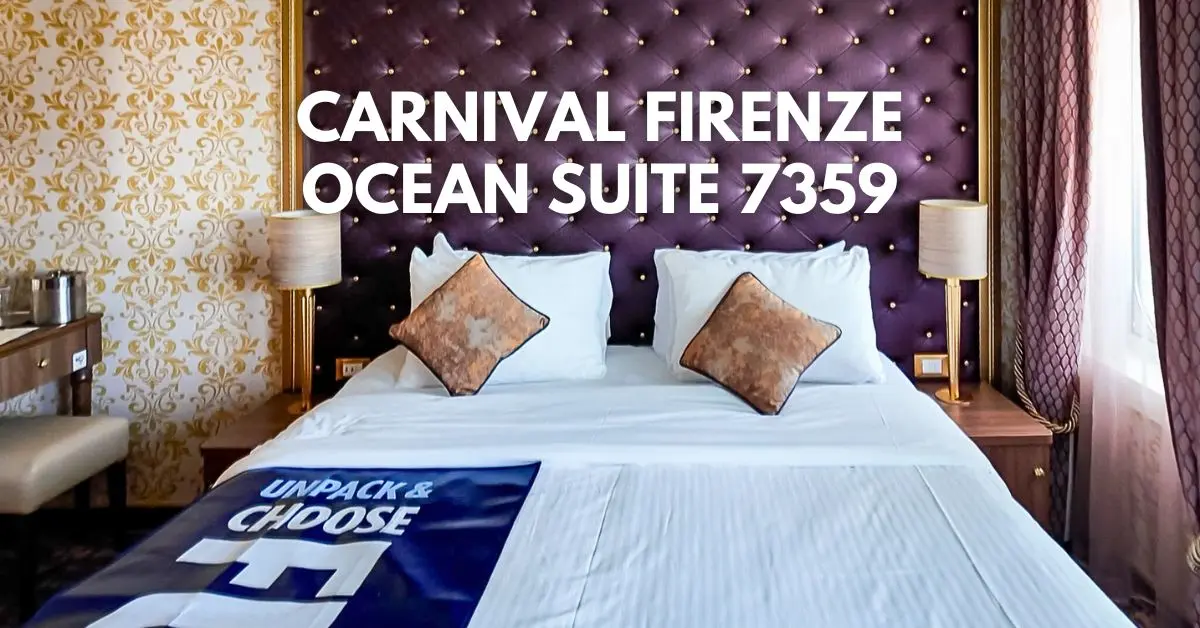 featured blog image: Carnival Firenze Ocean Suite 7359 king-size bed with tufted purple headboard, gold lamps, and decorative pillows, text overlay reading 