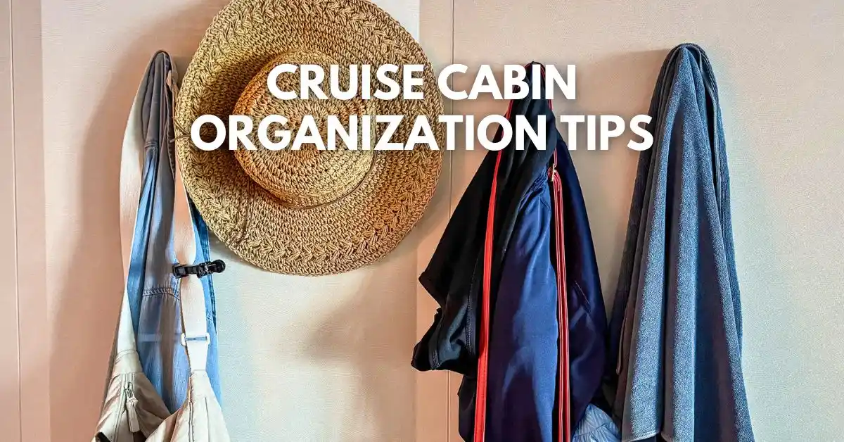 featured blog image: Cruise cabin wall with magnetic hooks holding hats, bags, and clothes, with overlay text 