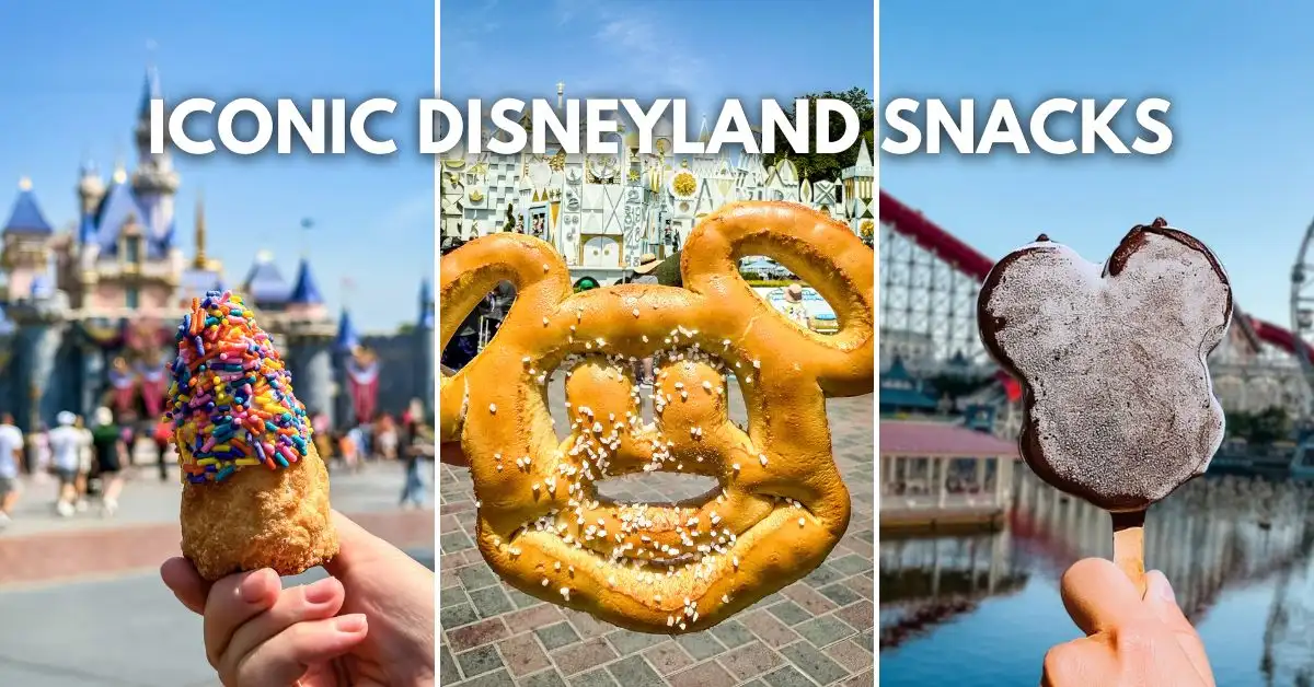 featured blog image: Collage of three iconic Disneyland snacks: a hand holding a sprinkle-covered treat in front of Sleeping Beauty Castle, a Mickey-shaped pretzel in front of the “it’s a small world” facade, and a Mickey ice cream bar held up with Pixar Pal-A-Round in the background.