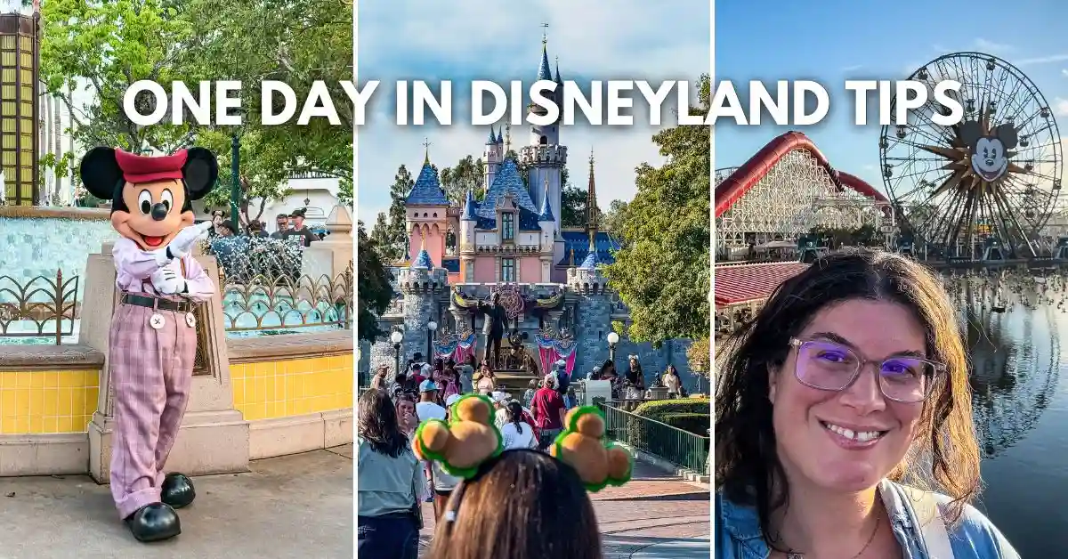 featured blog image: Collage of Disneyland scenes with text “One Day in Disneyland Tips,” featuring Mickey Mouse in vintage outfit, Sleeping Beauty Castle, Pixar Pier, and Kathy smiling.