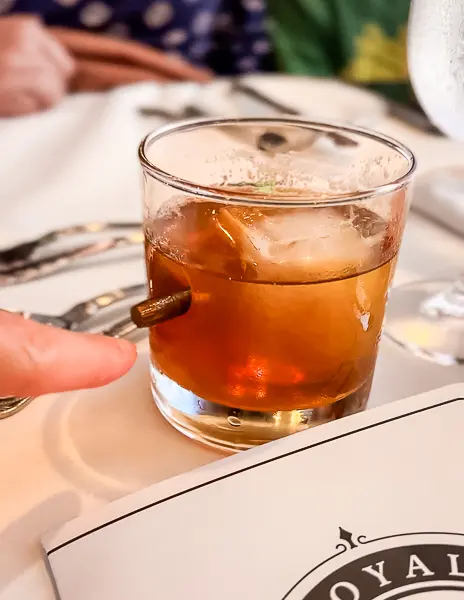 Old Fashioned cocktail served at the Royal Railway dining experience on Royal Caribbean’s Utopia of the Seas