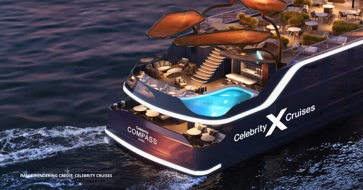 featured image: Rendering of the aft section of Celebrity Compass, one of Celebrity Cruises’ new river ships, showing the infinity-edge plunge pool, outdoor seating areas, and upper deck lounges.