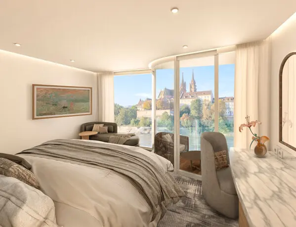 Rendering of a balcony stateroom on Celebrity Cruises’ new river ships, featuring a king-size bed, sitting area, and floor-to-ceiling windows with river views.
