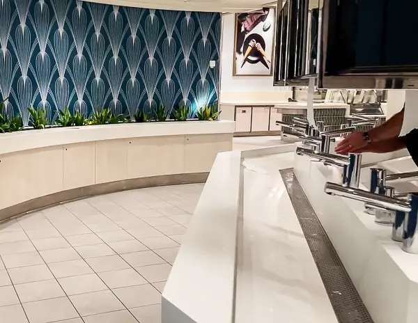 Handwashing station at the entrance of a cruise ship buffet, reminding passengers to wash their hands before dining.