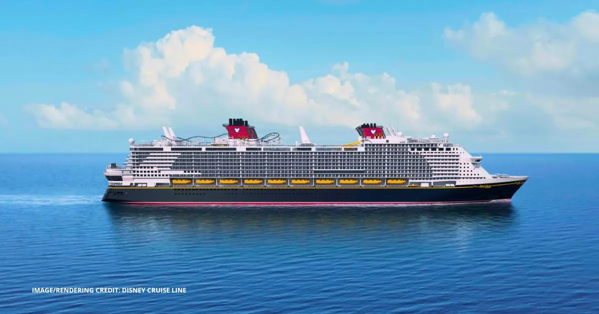 Rendering of the Disney Adventure cruise ship at sea, the newest Disney Cruise Line vessel now scheduled for its inaugural sailing in March 2026.