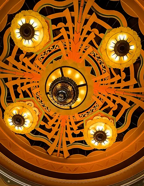 Ornate chandelier and Art Deco ceiling design inside the Catalina Casino Ballroom.