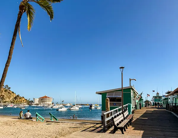 View from Avalon’s Green Pleasure Pier on Catalina Island, looking toward the harbor with boats and the Catalina Casino in the distance.