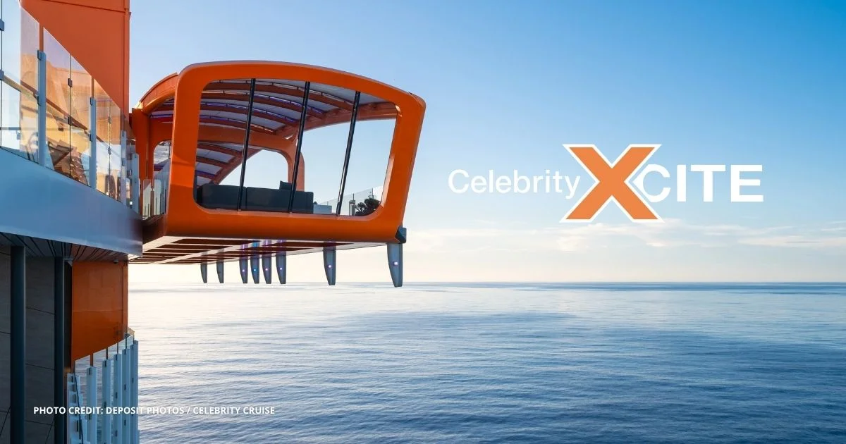 featured image: The Magic Carpet on a Celebrity Cruises Edge-class ship extends over the ocean at sunset, with the Celebrity Xcite logo added for the cruise line’s newly announced ship.