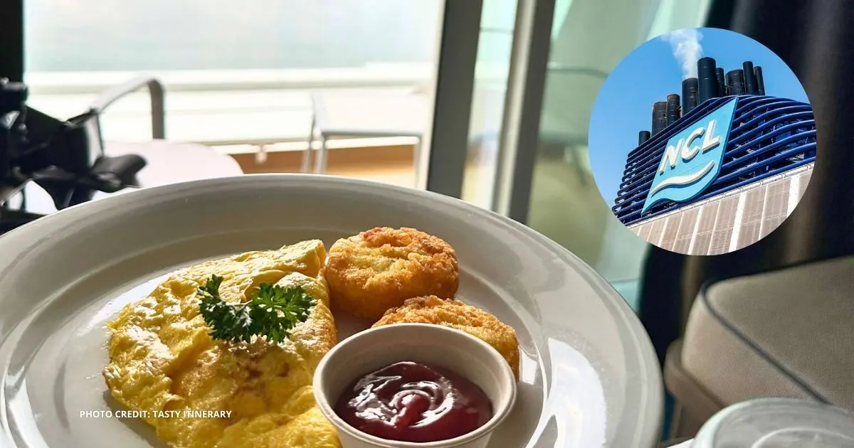 Breakfast delivered by room service on a Norwegian Cruise Line ship, featuring an omelet, hash browns, and ketchup, with an inset photo of the NCL ship funnel and logo.