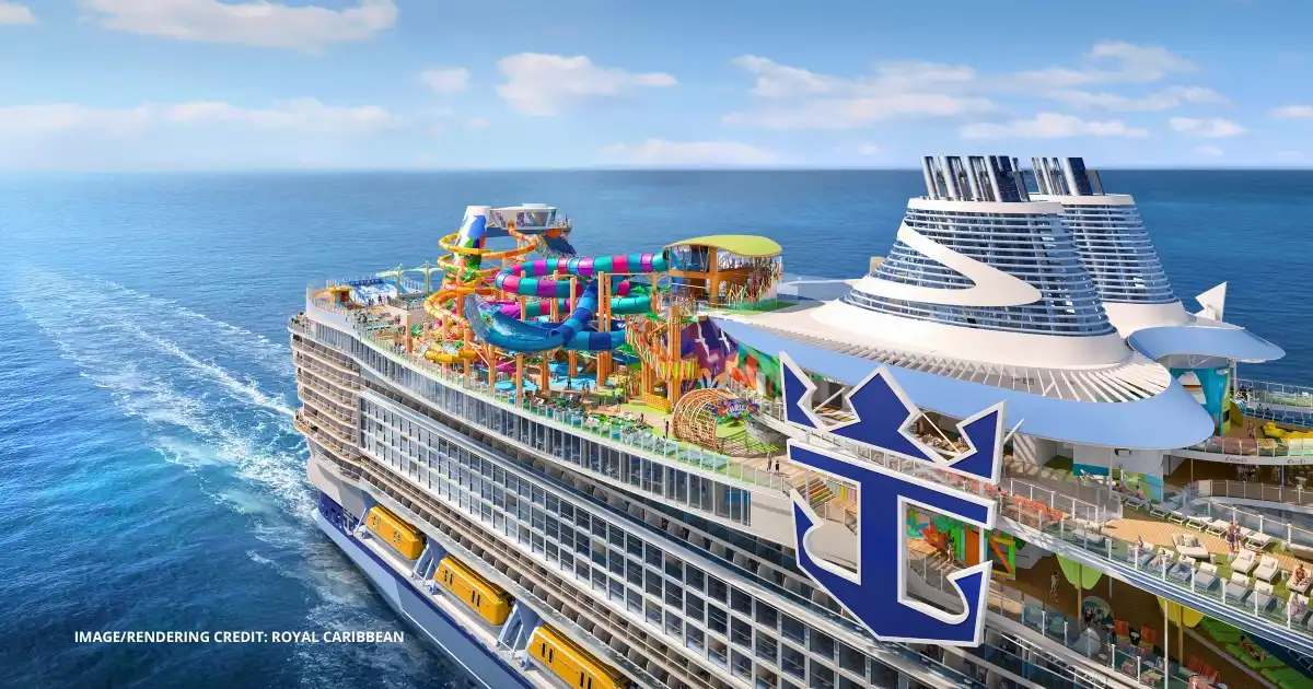 featured image: Rendering of Royal Caribbean’s upcoming Legend of the Seas cruise ship, showing its colorful top-deck waterpark and signature Royal Caribbean crown-and-anchor logo. Image courtesy of Royal Caribbean.