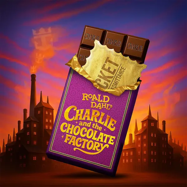 Promotional image for Roald Dahl’s Charlie and the Chocolate Factory musical, featuring a purple chocolate bar wrapper with a golden ticket emerging, symbolizing the show debuting on Royal Caribbean’s Legend of the Seas.