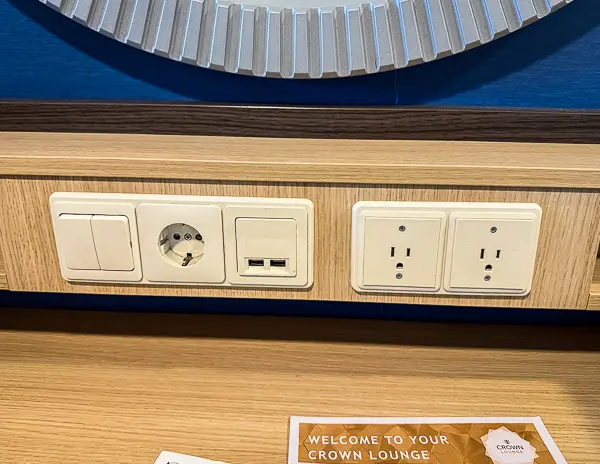 Electrical outlets and USB ports at the vanity in balcony cabin 6560 on Royal Caribbean’s Quantum of the Seas.