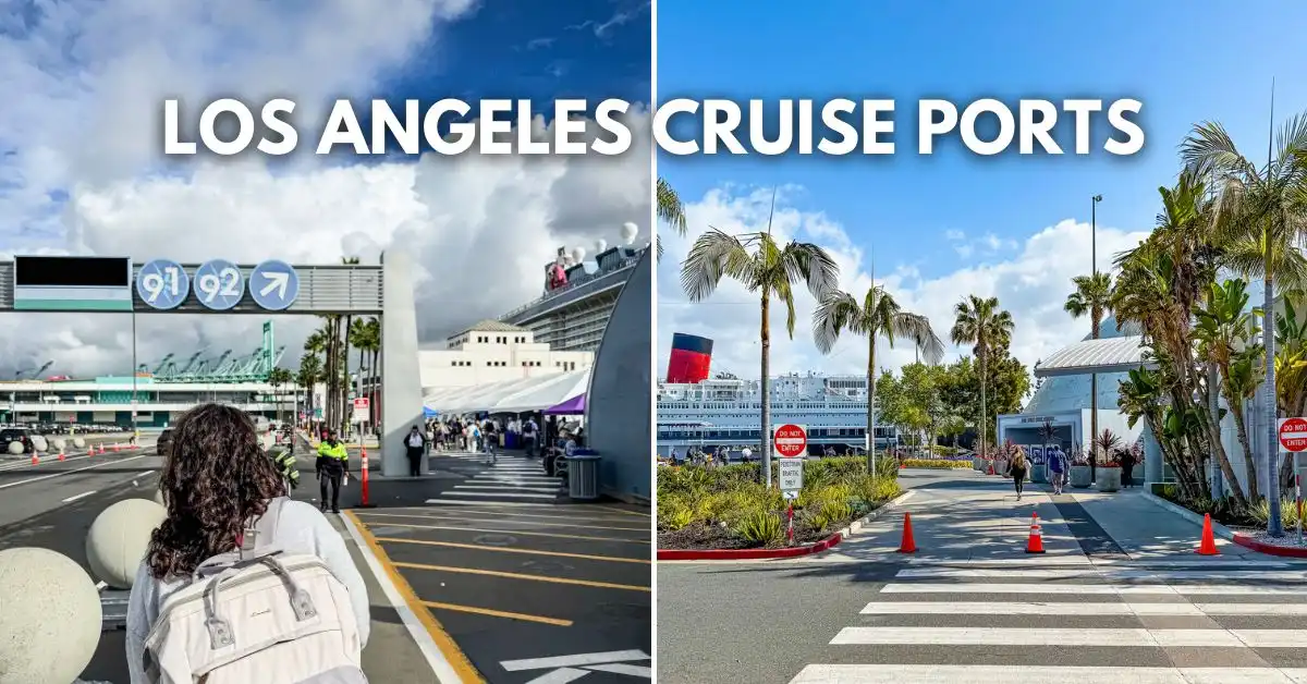 featured blog image: Side-by-side view of the San Pedro and Long Beach cruise terminals, showing the entrance to Pier 91 on the left and the Queen Mary area on the right, with “Los Angeles Cruise Ports” written across the top.