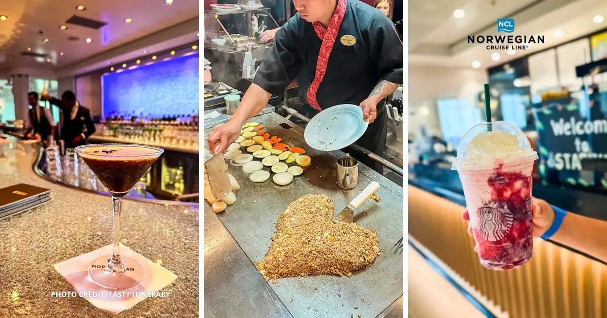 featured image: Three images showing Norwegian Cruise Line onboard experiences, including a cocktail at a bar, teppanyaki dining, and a Starbucks drink, representing perks included with Free at Sea Plus.