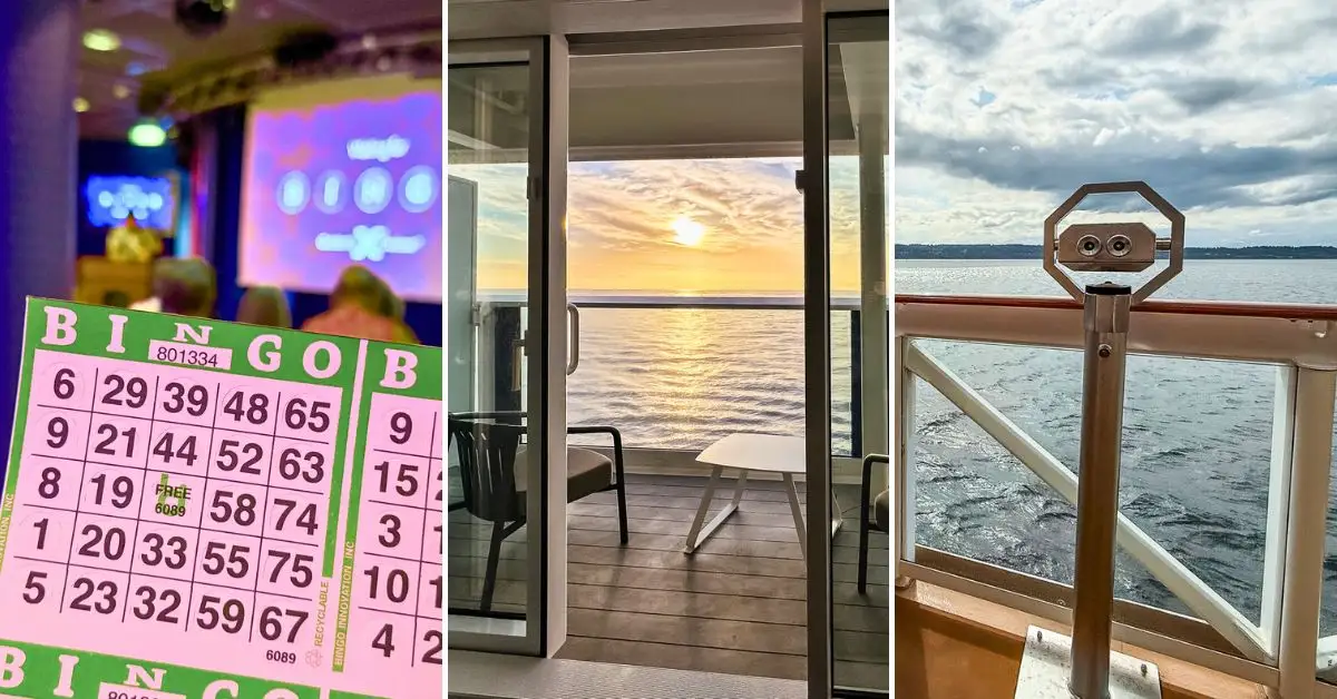 featured image: Collage showing bingo on a cruise ship, a sunrise from a balcony, and ocean views from the deck, illustrating how to spend a sea day on a cruise.