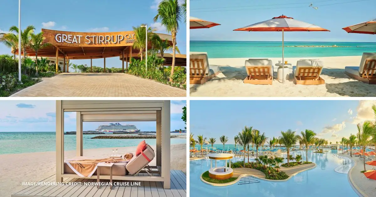 Promotional images from Norwegian Cruise Line showing updates at Great Stirrup Cay, including the island entrance, beach seating, a beachfront daybed with a docked ship, and a rendering of the Great Life Lagoon pool area.