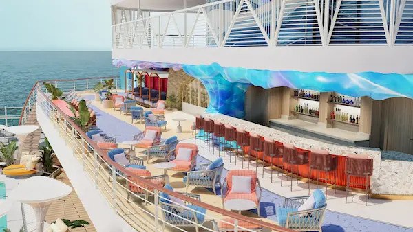 Rendering of an open air bar at Ocean Heights on Norwegian Aura, with colorful lounge seating, bar stools, and ocean views along the upper deck.