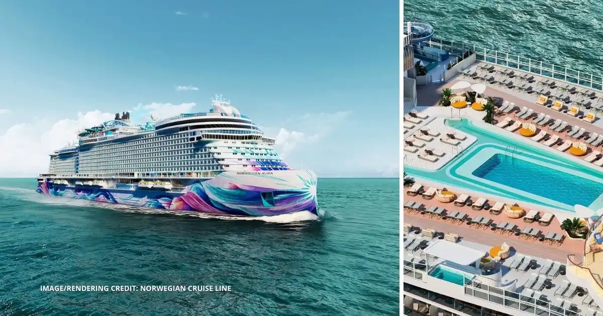 featured image: Rendering of Norwegian Aura sailing at sea alongside a view of the expanded pool deck with loungers and an infinity-style pool, showing the ship’s colorful hull art and outdoor spaces.