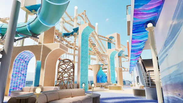 Rendering of Ocean Heights on Norwegian Aura showing waterslides, a ropes course, and open air seating across multiple upper decks.