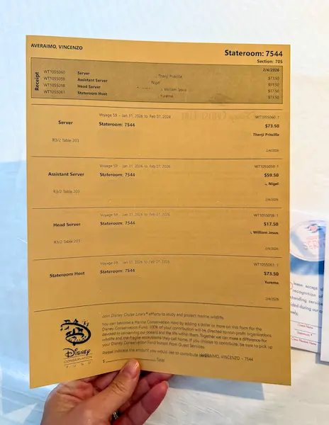 Printed Disney cruise gratuity breakdown sheet showing tip amounts for server, assistant server, head server, and stateroom host.