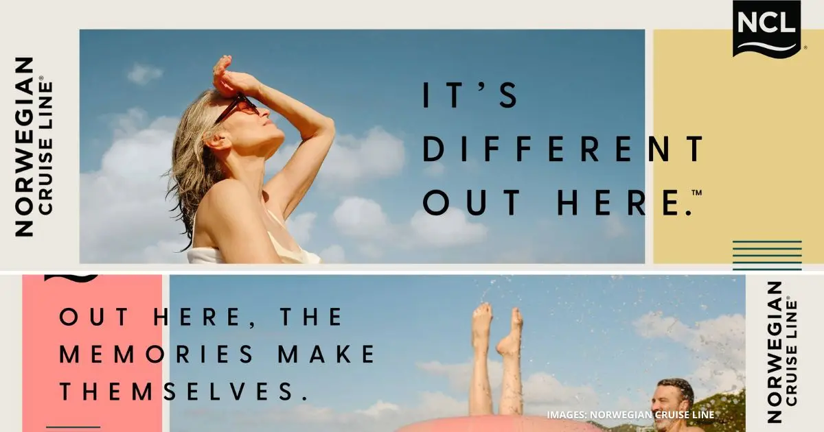 featured image: Norwegian Cruise Line featured image showing the “It’s Different Out Here” campaign with a relaxed cruise guest and the updated black NCL logo.