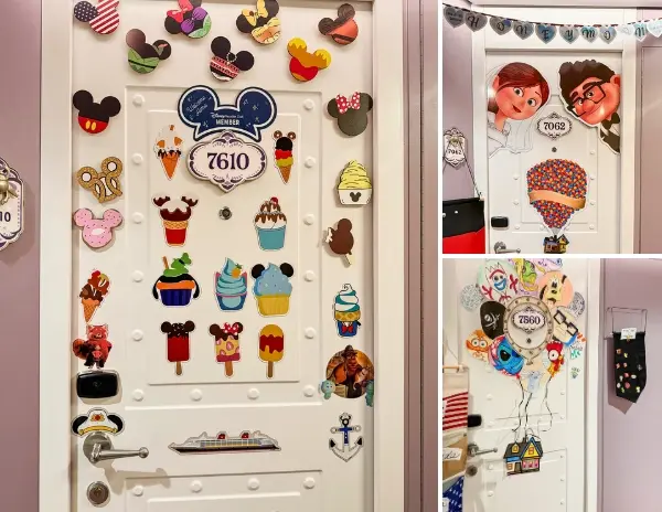 Disney cruise stateroom doors decorated with magnets, themed designs, and fish extenders.