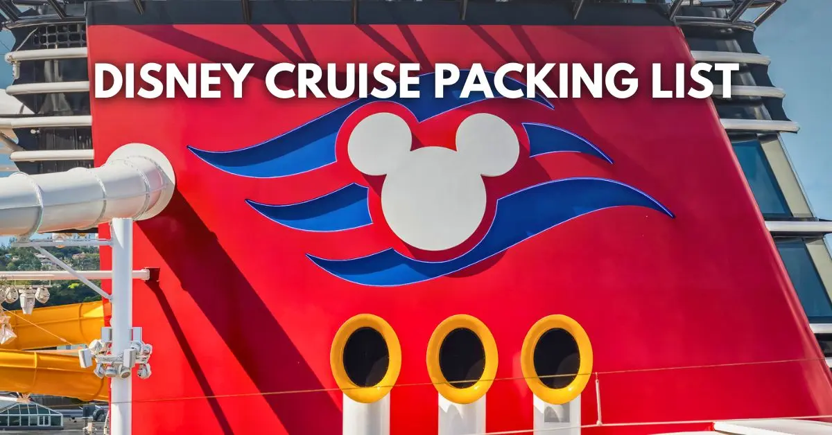 featured blog image: Red Disney Cruise Line ship funnel with Mickey Mouse logo and overlay text reading “Disney Cruise Packing List.”