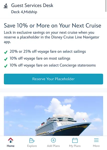 Screenshot of Disney Cruise Line Navigator app showing placeholder offer with 10 percent off most sailings and up to 25 percent off select cruises.