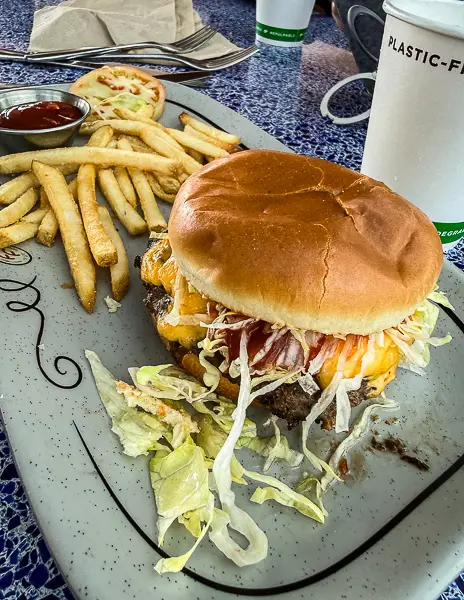 Cheeseburger and fries from Goofy’s Grill at Festival of Foods on Disney Treasure.
