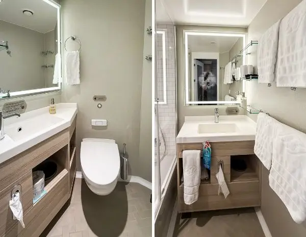 Disney Cruise Line split bathroom layout showing separate toilet room and vanity with shower area in a cruise ship stateroom.