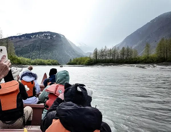 View from inside a canoe on glacier-fed water during the Skagway excursion to Davidson Glacier.